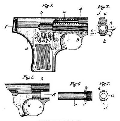 Пистолет Манн 6,35 мм (Mann 6,35 mm) в разрезе, чертежи из патента