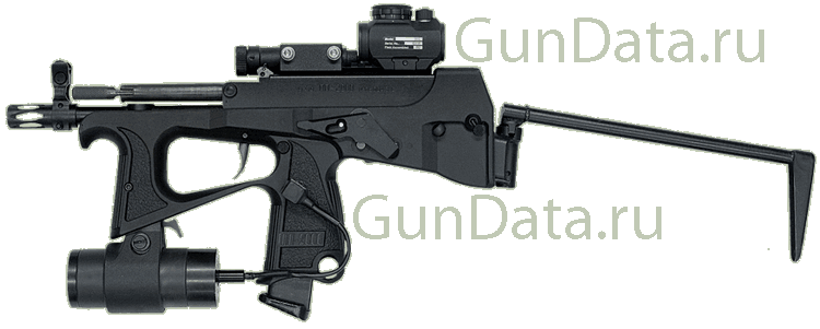 Пистолет-пулемет ПП - 2000 с откинутым плечевым упором, ЛЦУ, прицелом и боевым фонарем